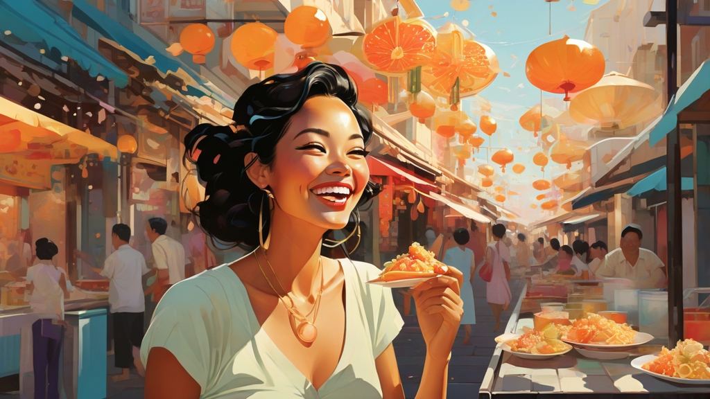 Personne souriante qui goûte un snack de street food