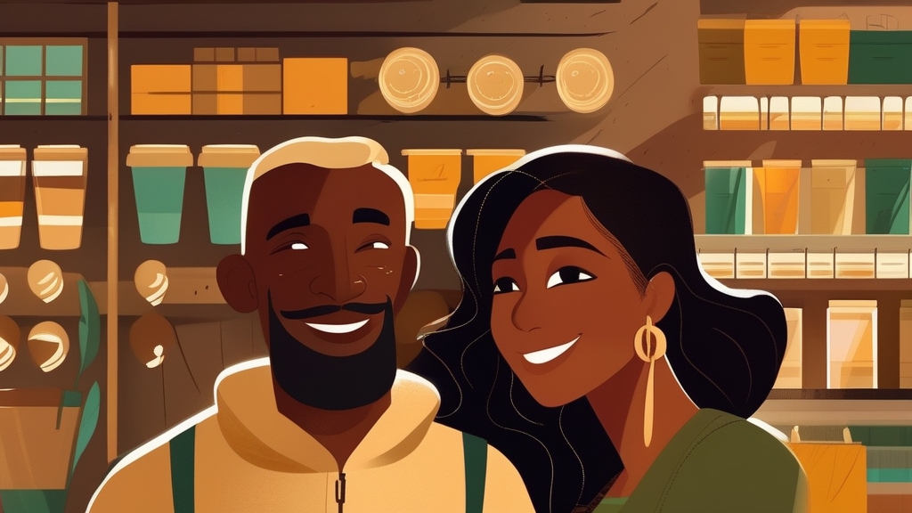 Deux commerçants souriants devant des rayons de boutique