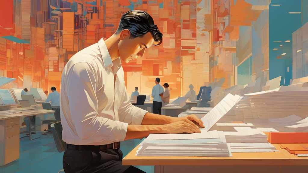 Personne examinant une pile de documents sur un bureau