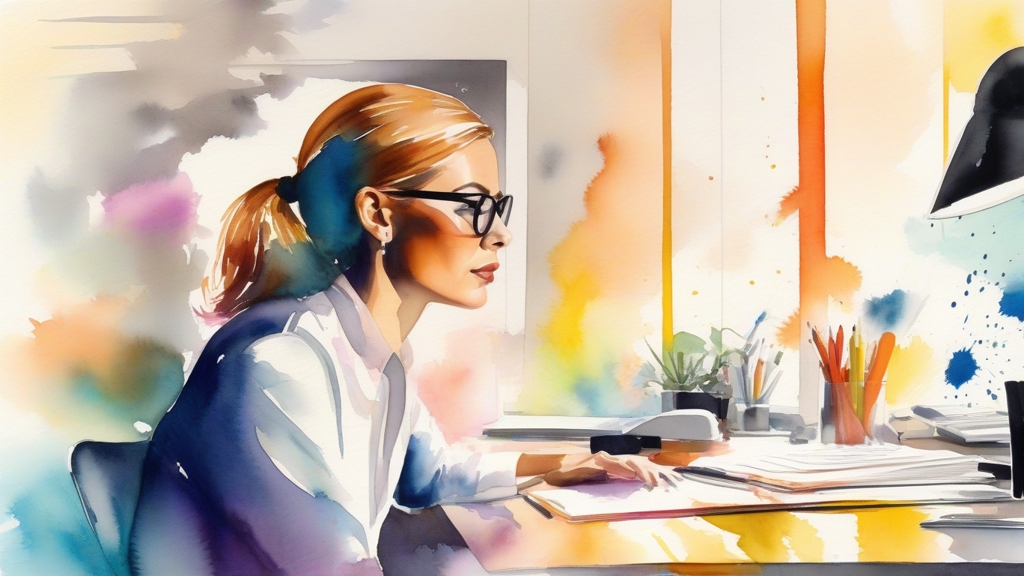 Femme concentrée à son bureau, carnet et crayons