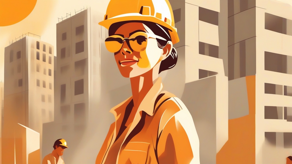 Ouvrière casquée sur un chantier, soleil et immeubles