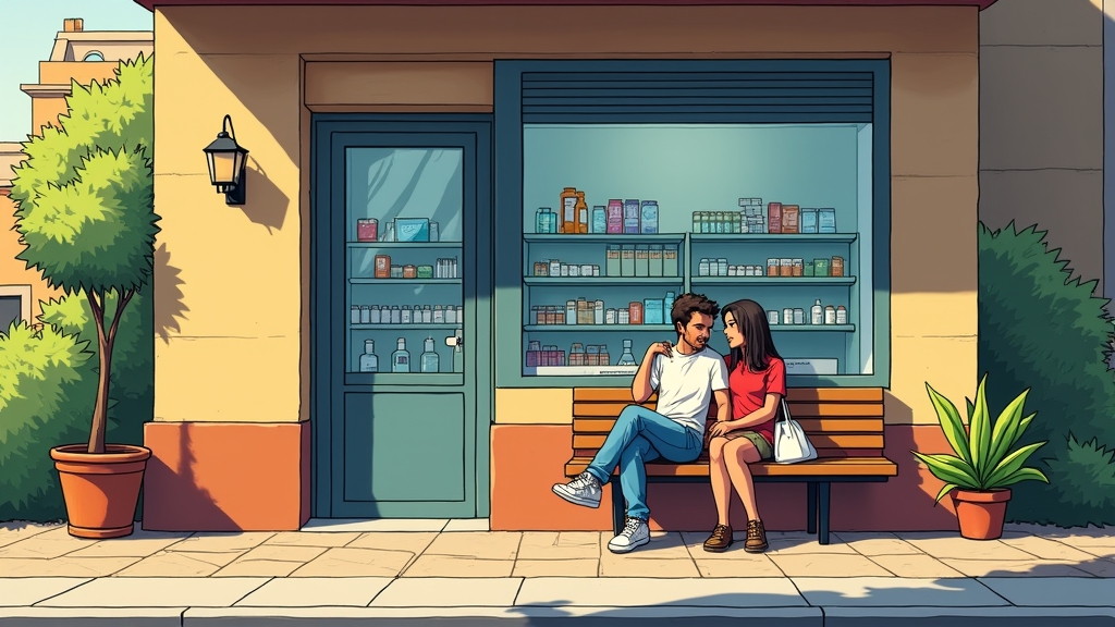 Couple assis devant une pharmacie aux rayons de médicaments