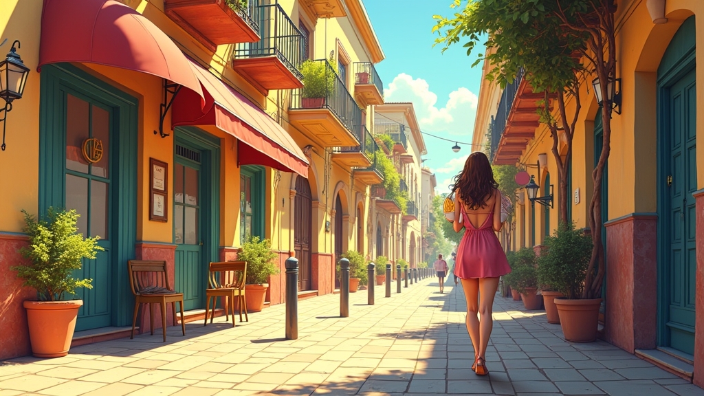 Femme marchant dans une rue commerçante ensoleillée