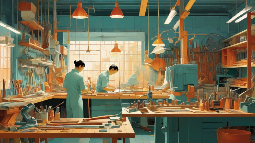 Atelier avec établis, outils et deux personnes au travail