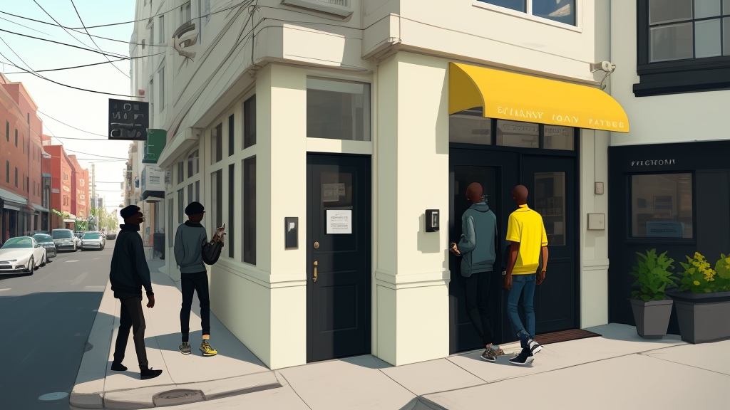 Jeunes devant une agence au coin d’une rue en ville